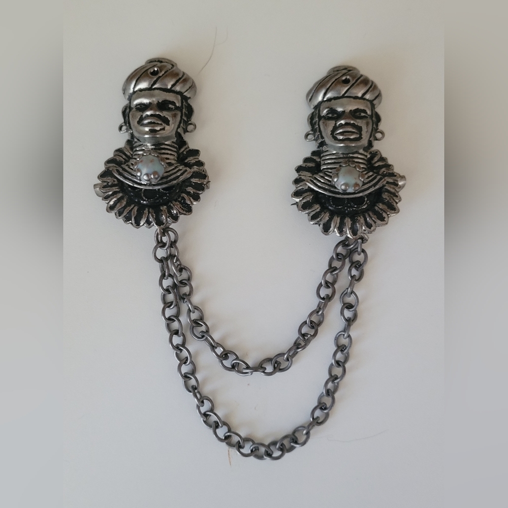 Vintage Blackamoor African Man Genie Turban Sweater Clips Chatelaine Brooch Pin